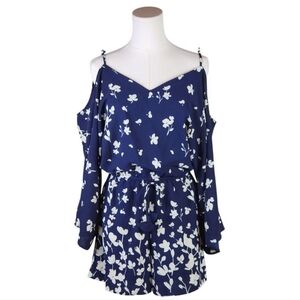 Premier Amour Navy Cream Floral Cold Shoulder Romper Size 8 Adjustable Straps